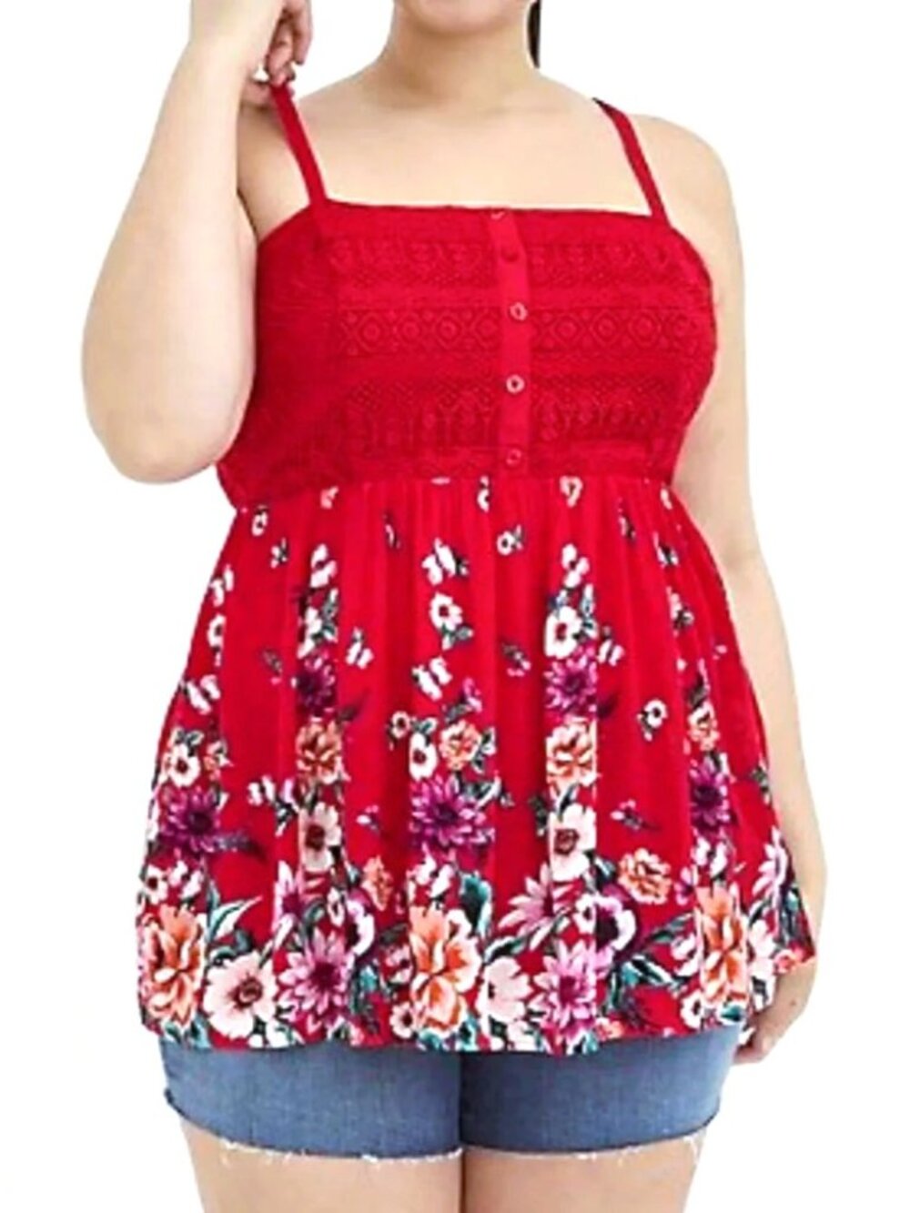 Torrid Women 2 18 / 20 Tank Top Red Floral Babydoll Gauze Crochet Cami Fairy